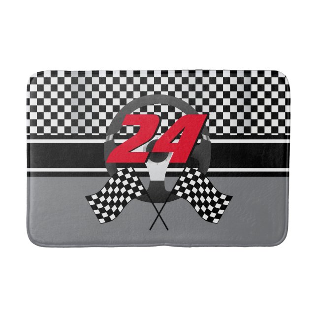 Black and White Chequered Racing 🏎 Design Bath Mat (Front)
