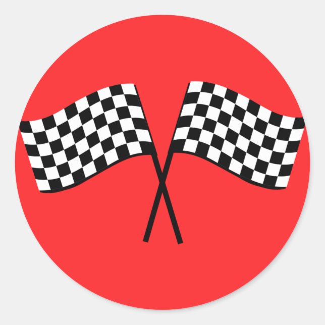 Black and White Chequered Racking Flags Racing Red Classic Round Sticker (Front)