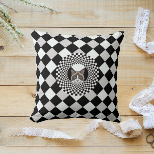 Black And White Chequered Retro Modern Pattern Cat Throw Pillow