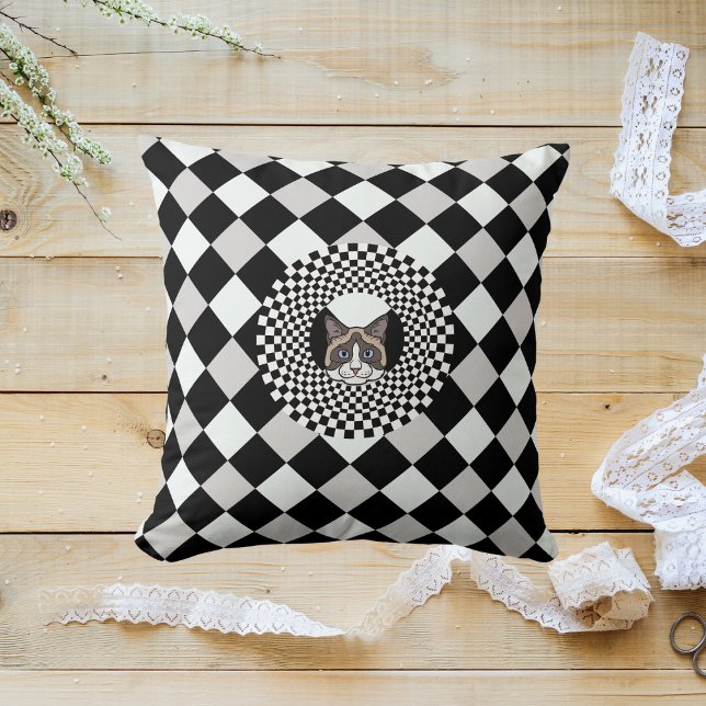 Black And White Chequered Retro Modern Pattern Cat Throw Pillow (Creator Uploaded)