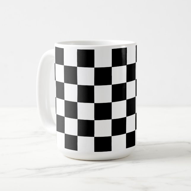 Black and White Chequered Retro Mug Cup (Front Left)