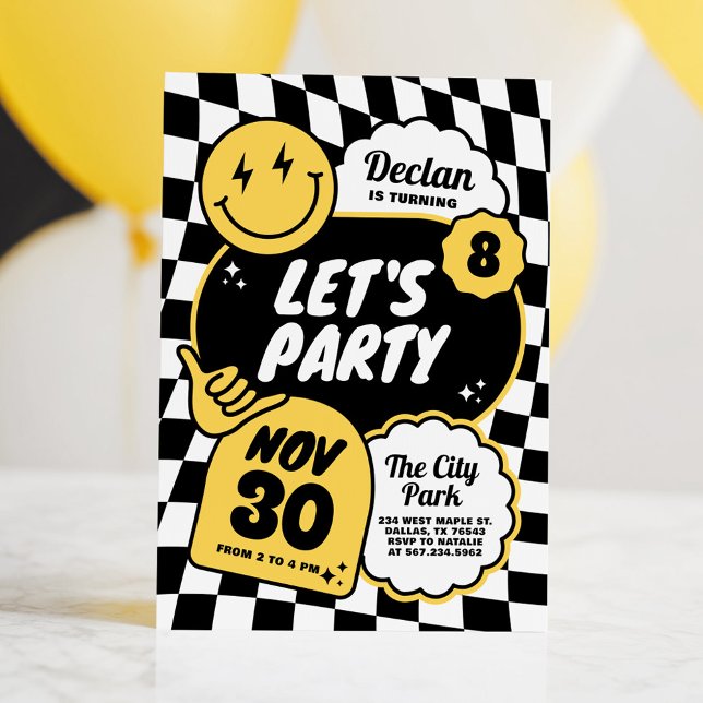Black and White Chequered Retro Smile Boy Birthday Invitation (Creator Uploaded)
