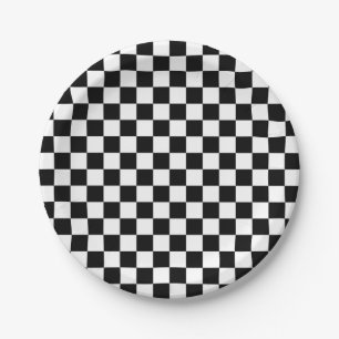 Black and White Chequered Squares Paper Plate