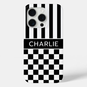 Black and White Chequered Striped Personalized iPhone 15 Pro Case