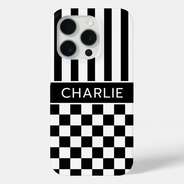 Black and White Chequered Striped Personalized Case-Mate iPhone Case (Back)