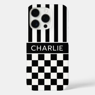 Black and White Chequered Striped Personalized iPhone 16 Pro Case