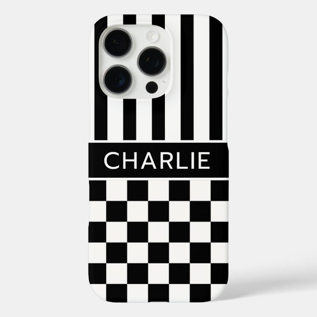 Black and White Chequered Striped Personalized Case-Mate iPhone Case (Back)