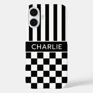 Black and White Chequered Striped Personalized iPhone 16 Case