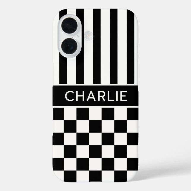 Black and White Chequered Striped Personalized Case-Mate iPhone Case (Back)