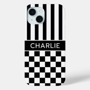 Black and White Chequered Striped Personalized iPhone 15 Case