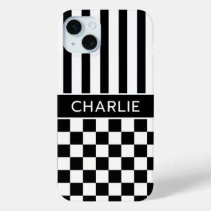 Black and White Chequered Striped Personalized iPhone 15 Mini Case