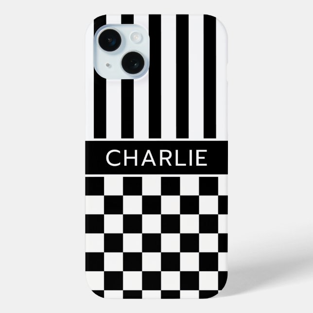 Black and White Chequered Striped Personalized Case-Mate iPhone Case (Back)