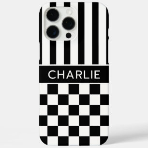 Black and White Chequered Striped Personalized iPhone 16 Pro Max Case