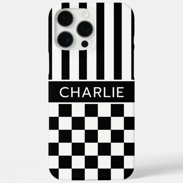 Black and White Chequered Striped Personalized Case-Mate iPhone Case (Back)