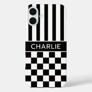 Black and White Chequered Striped Personalized iPhone 16 Plus Case