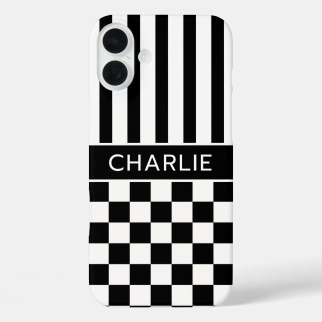 Black and White Chequered Striped Personalized Case-Mate iPhone Case (Back)