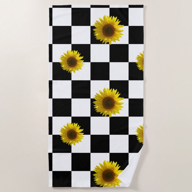 Black and White Chequered & Sunflower Print Beach Towel (Front)
