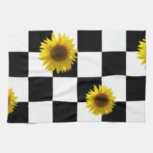 Black and White Chequered & Sunflower Print Kitchen Towel