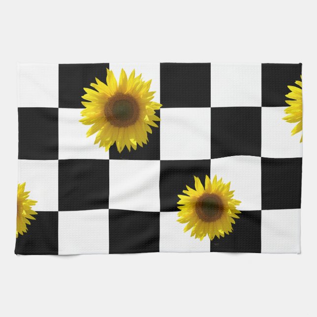 Black and White Chequered & Sunflower Print Kitchen Towel (Horizontal)