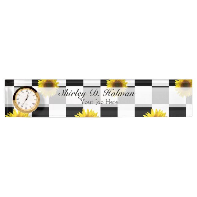 Black and White Chequered & Sunflower Print Nameplate (Front)