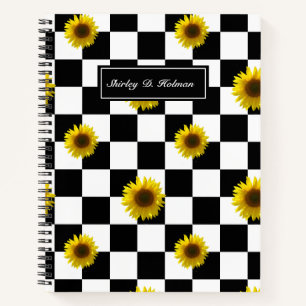 Black and White Chequered & Sunflower Print Notebook