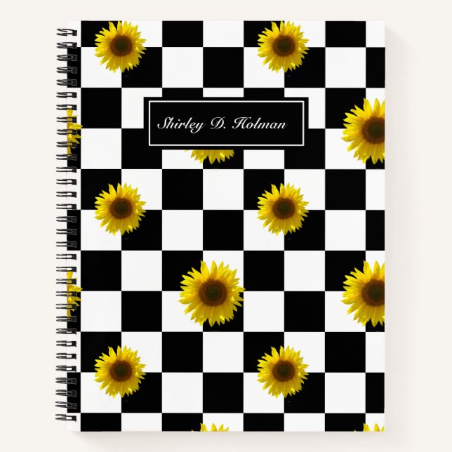 Black and White Chequered & Sunflower Print Notebook (Front)