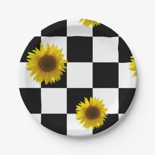 Black and White Chequered & Sunflower Print Paper Plate