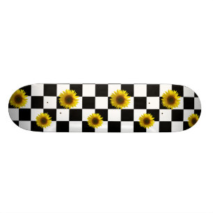 Black and White Chequered & Sunflower Print Skateboard