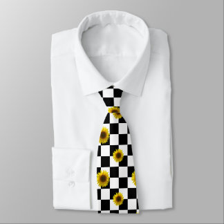 Black and White Chequered & Sunflower Print Tie