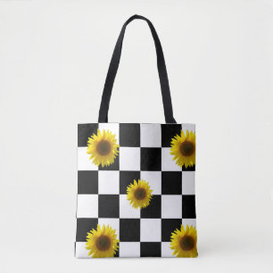 Black and White Chequered & Sunflower Print Tote Bag