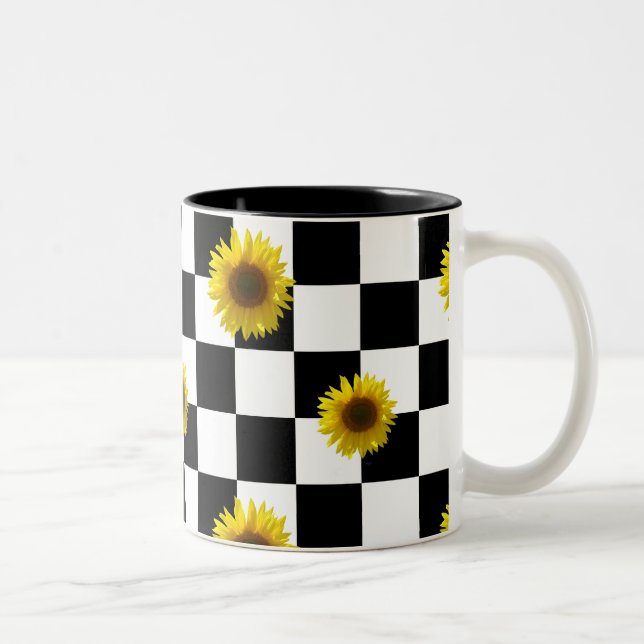 Black and White Chequered & Sunflower Print Two-Tone Coffee Mug (Right)