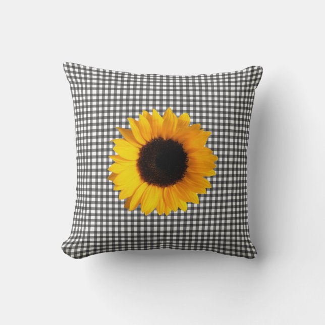 Black and White Chequered & Sunflower Throw Pillow (Front)