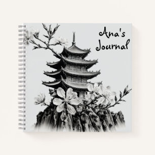 Black and White Cherry Blossoms Pagoda Journal