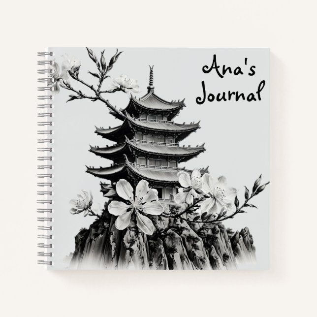 Black and White Cherry Blossoms Pagoda Journal (Front)