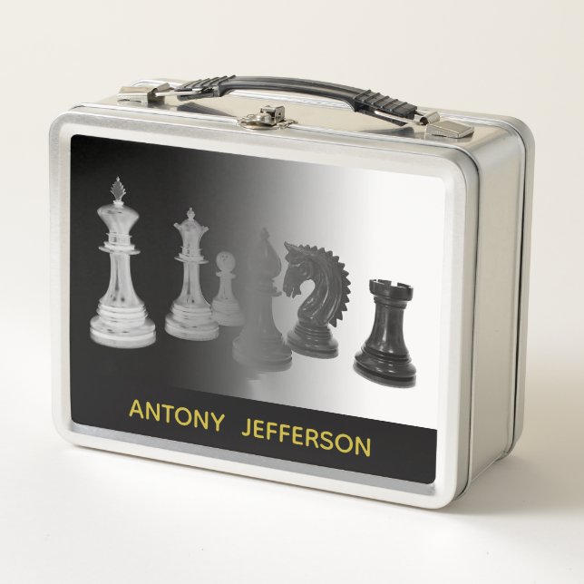Black and White Chess Pieces Gold Name Metal Lunch Box (Front)