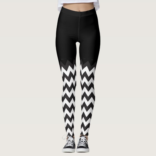 black and white Chevron Blocking pattern Leggings (Front)