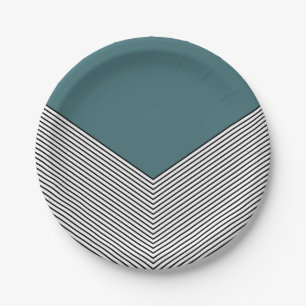 Black and white chevron design and blue triangle paper plate