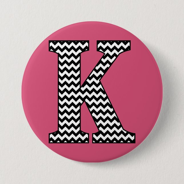 Black and White Chevron "K" Monogram 3 Inch Round Button (Front)