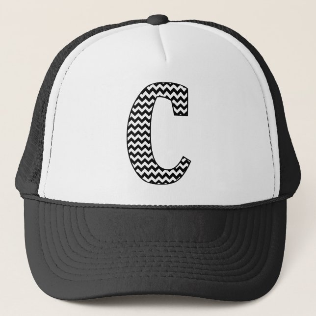 Black and White Chevron Letter C Monogram Trucker Hat (Front)