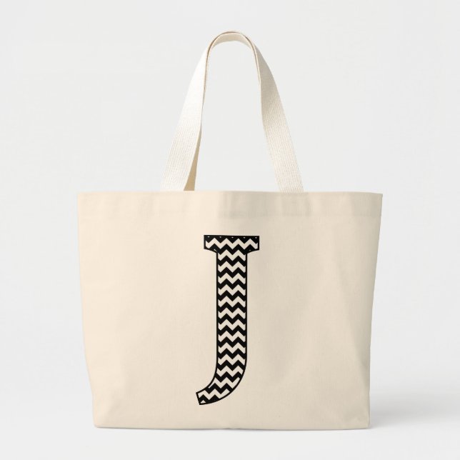 Black and White Chevron Letter J Monogram Large Tote Bag (Front)