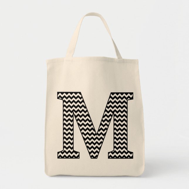 Black and White chevron "M" Monogram Tote Bag (Front)
