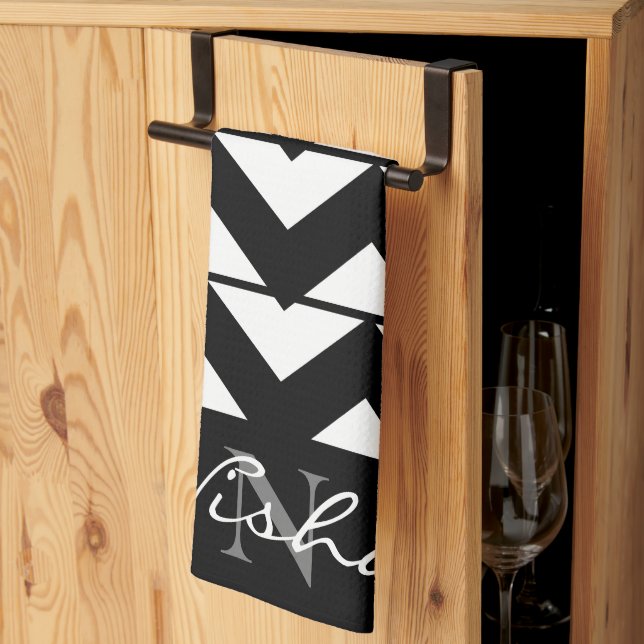 Black and White Chevron Monogram Kitchen Towel (Thirds Fold)
