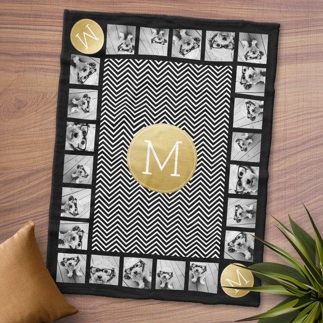Black and White Chevron Pattern Monogram 11 Photo Fleece Blanket (Personalized Fleece Blanket - Add Photos and Text or Customize completely in advanced design area)