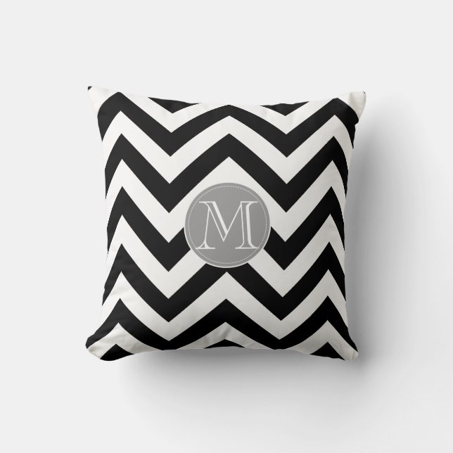 Black and white Chevron Pattern monogram Throw Pillow (Front)