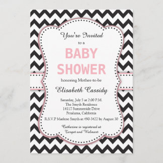 Black and White Chevron, Pink, Baby Shower Invitation