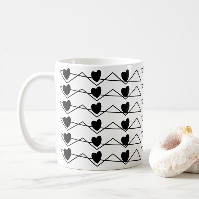 Black and White Chevron Stripe Hearts Geometric Coffee Mug (With Donut)