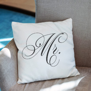 Black and White Chevron Stripes "Mr" Throw Pillow