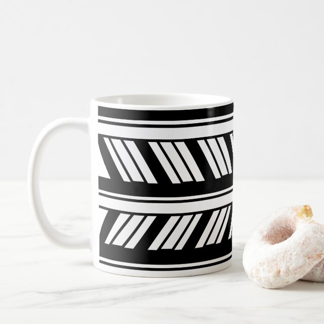 Black and White Chevron Stripes Pattern  Coffee Mug (With Donut)