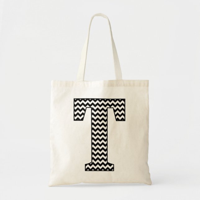 Black and White Chevron "T" Tote Bag (Front)