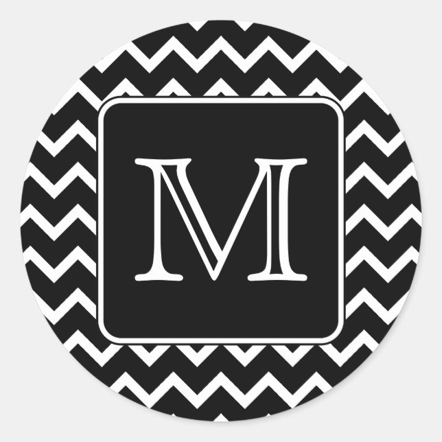 Black and White Chevron with Custom Monogram. Classic Round Sticker (Front)